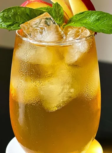 Glass of refreshing iced apple green tea with blueberries and ice
