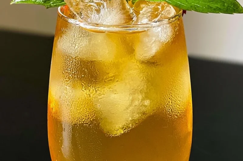 Glass of refreshing iced apple green tea with blueberries and ice