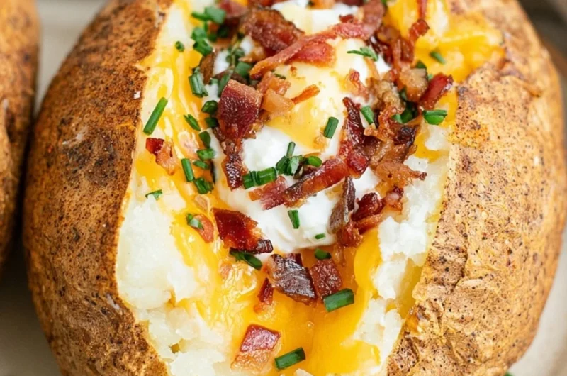 Delicious smoked baked potatoes on the pellet grill, ready to be served.