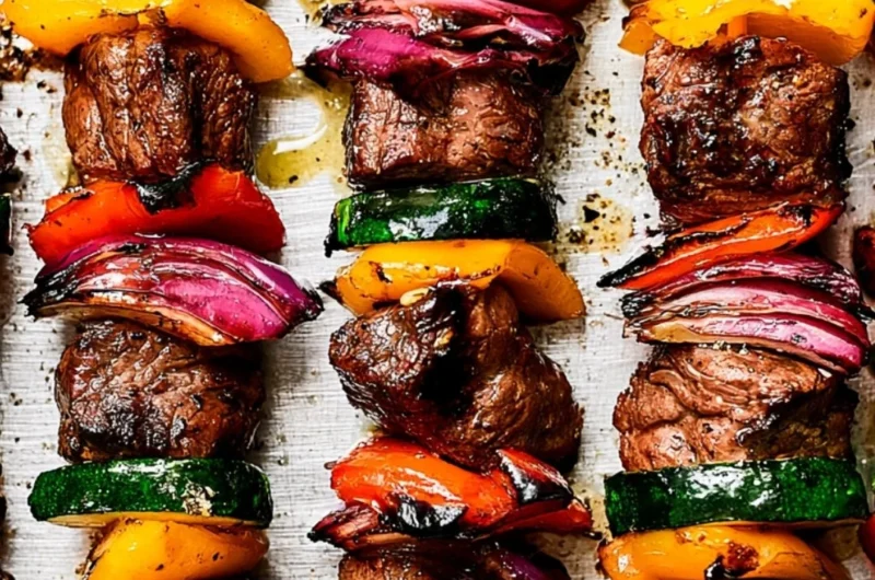 Grilled steak kabobs skewers with colorful vegetables and juicy meat
