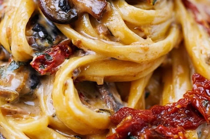 Sun-Dried Tomato Mushroom Pasta served in a bowl topped with herbs