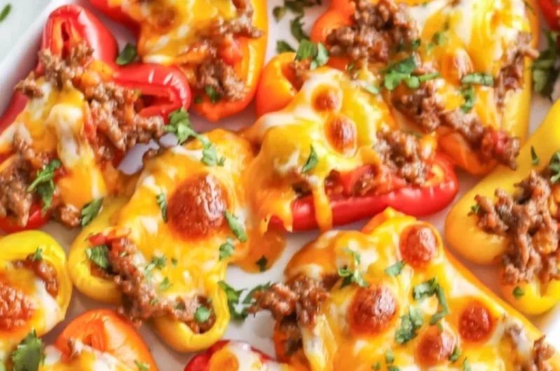 Taco stuffed mini peppers filled with seasoned meat and cheese