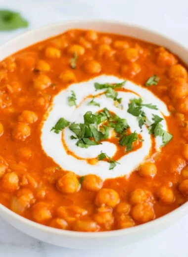 Delicious vegan chickpea curry served with rice and fresh herbs