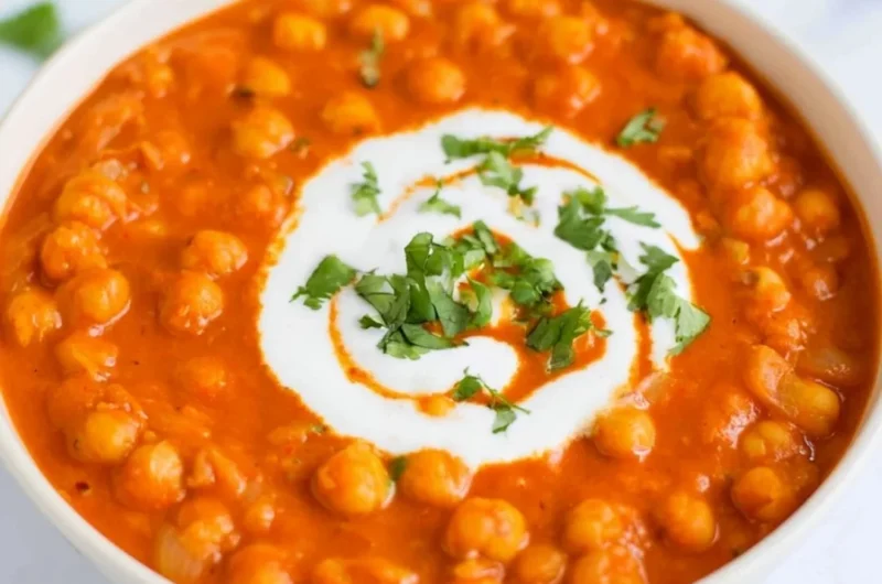 Delicious vegan chickpea curry served with rice and fresh herbs