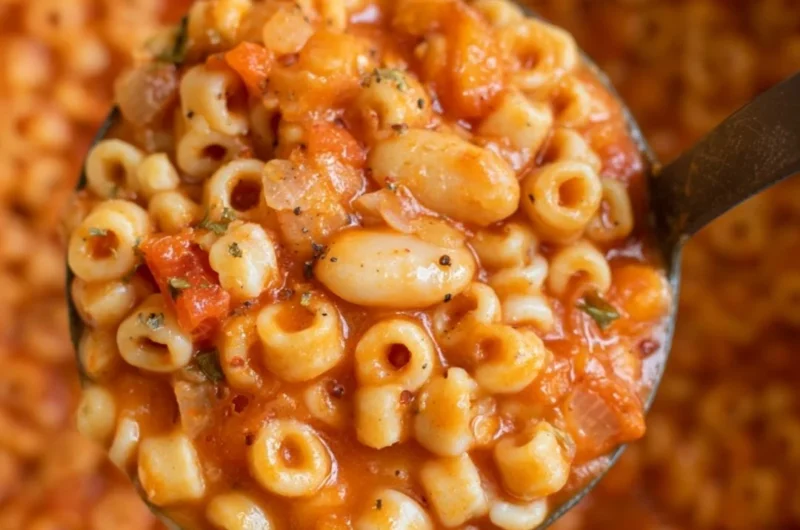 Delicious bowl of Pasta Fagioli Soup with beans and pasta garnished with herbs