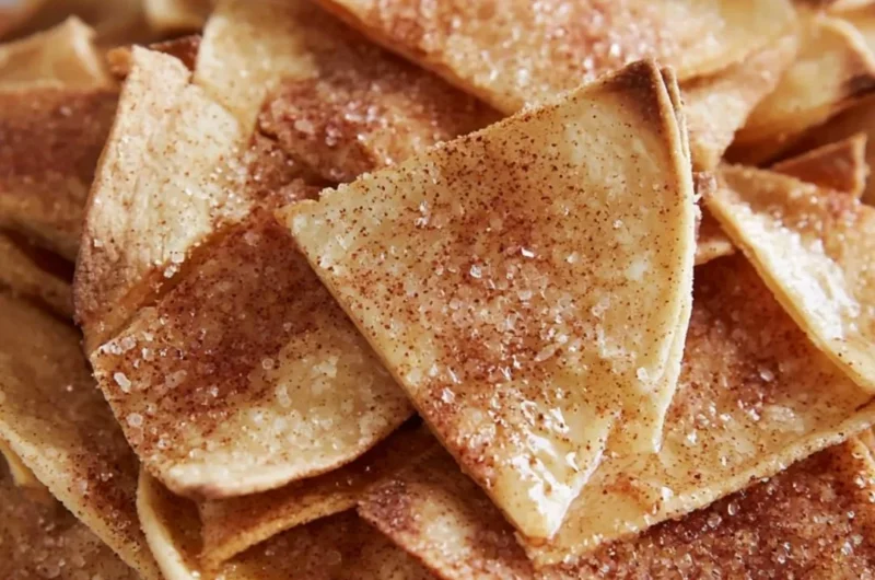 Cinnamon sugar tortilla chips stacked on a plate, ready to enjoy.