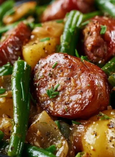Crockpot sausage and green beans in a slow cooker ready to serve