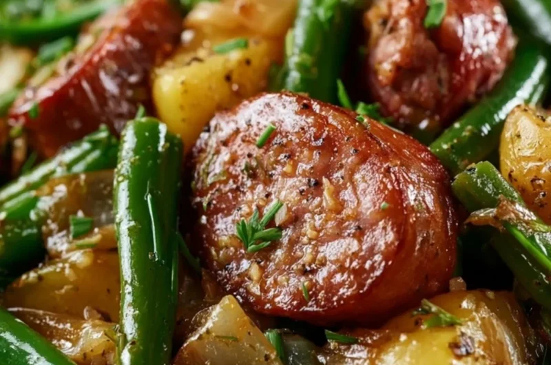 Crockpot sausage and green beans in a slow cooker ready to serve