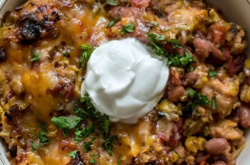 Healthy chicken casserole recipe with vegetables and herbs baked to perfection
