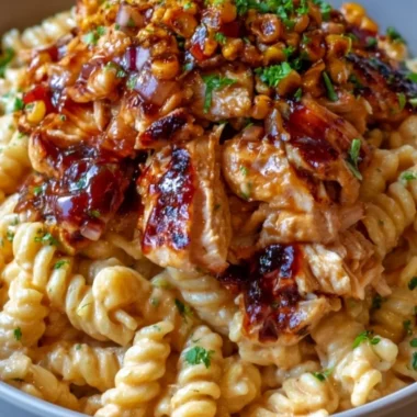 High Protein BBQ Chicken Pasta Salad with veggies and grilled chicken