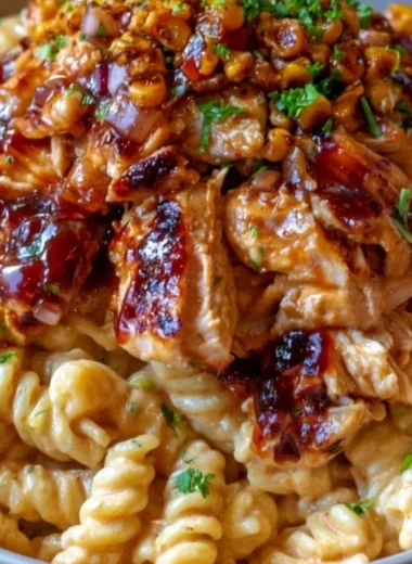 High Protein BBQ Chicken Pasta Salad with veggies and grilled chicken