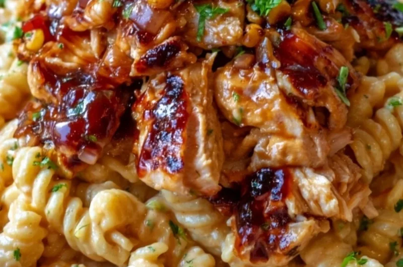 High Protein BBQ Chicken Pasta Salad with veggies and grilled chicken