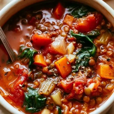 Bowl of hearty Mediterranean Lentil Soup with fresh herbs and vegetables.