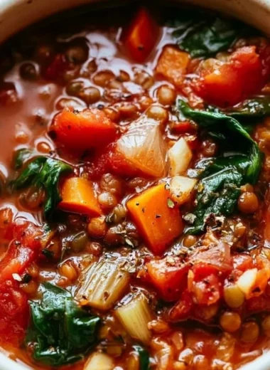 Bowl of hearty Mediterranean Lentil Soup with fresh herbs and vegetables.