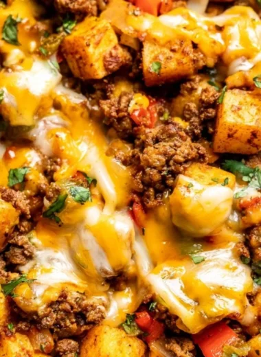 Delicious Mexican ground beef and potato skillet dish served in a frying pan.