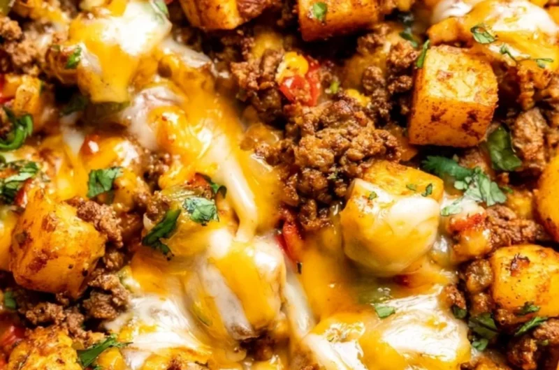 Delicious Mexican ground beef and potato skillet dish served in a frying pan.