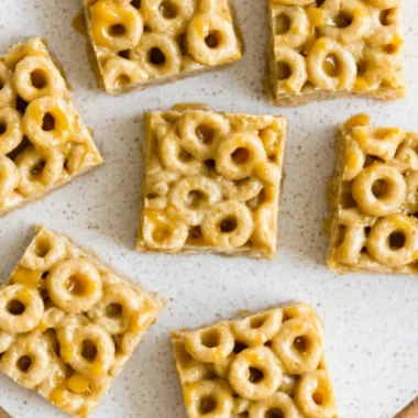 No Bake Peanut Butter Cheerio Bars on a plate ready to enjoy