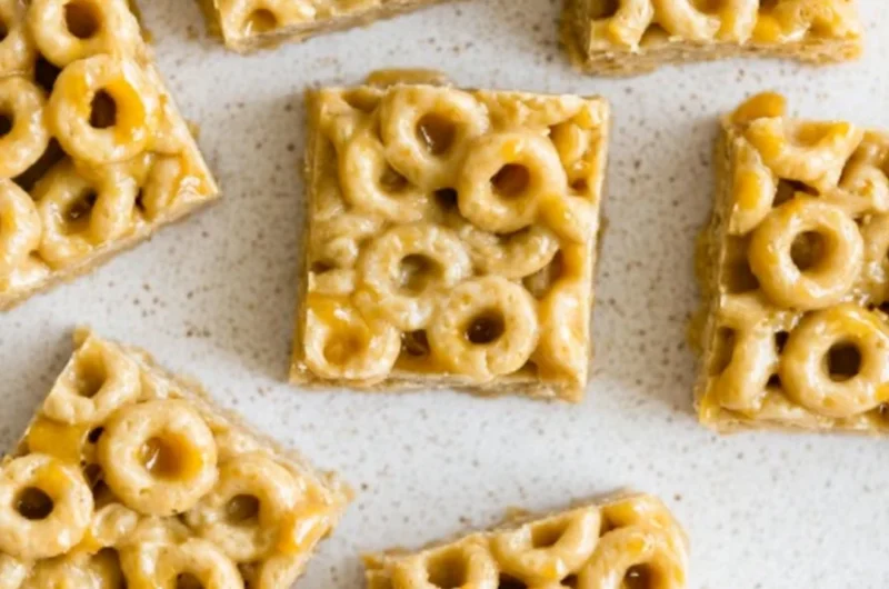 No Bake Peanut Butter Cheerio Bars on a plate ready to enjoy
